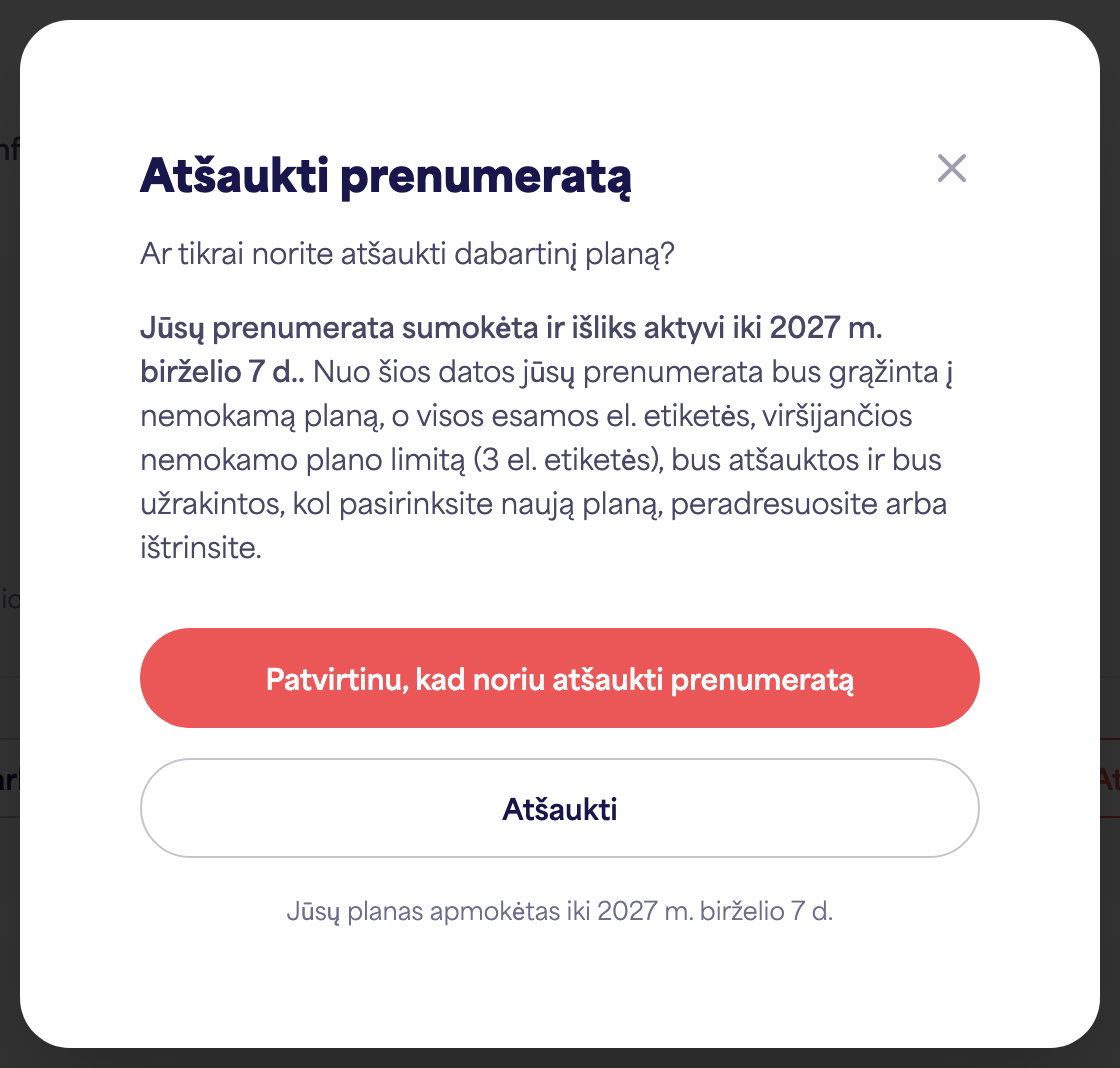 Paskyros prenumeratos sritis, rodanti prenumeratos atšaukimo parinktį