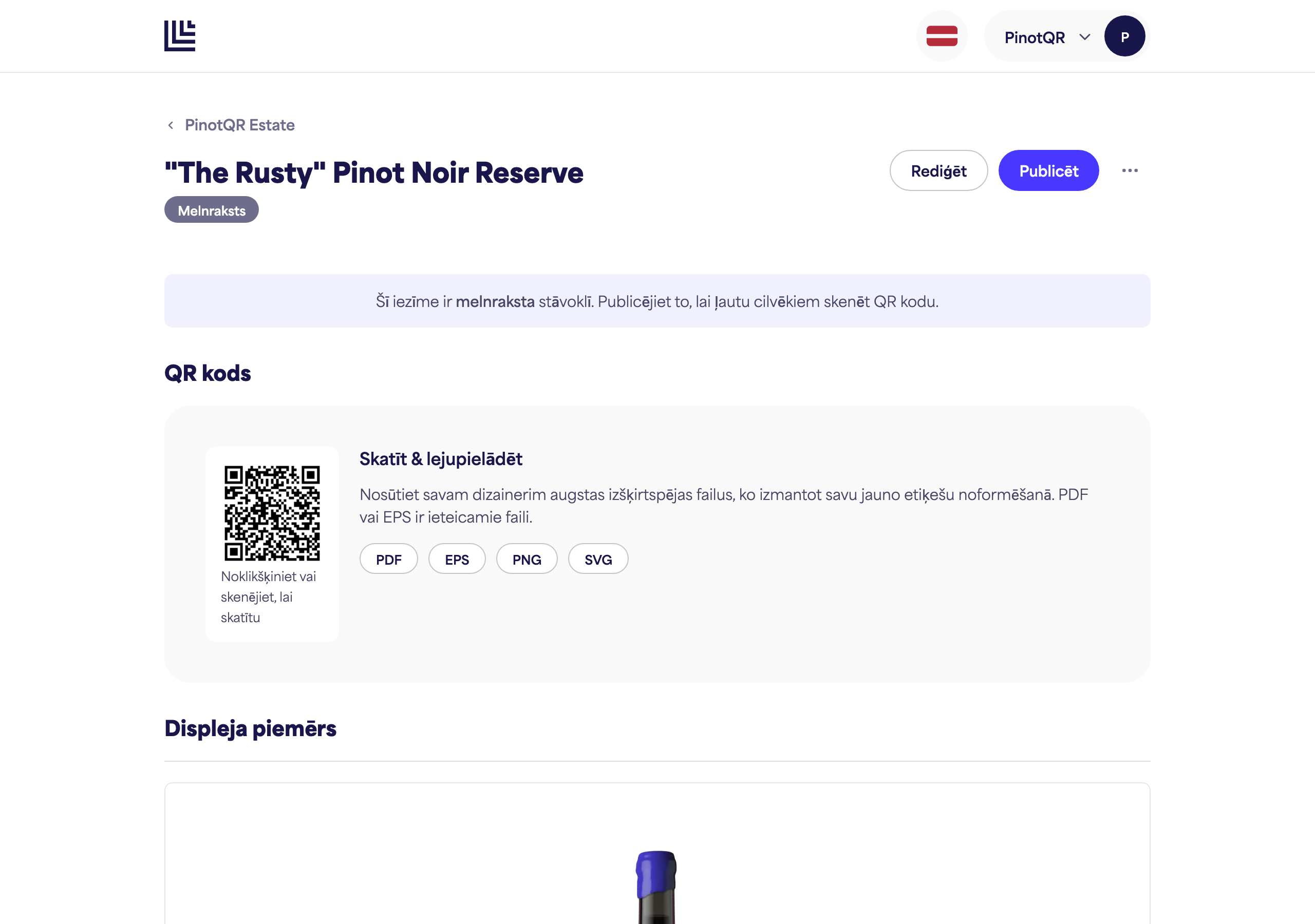 Melnraksta e-etiķete, kas parāda melnraksta paziņojumu un pogu "Publicēt"
