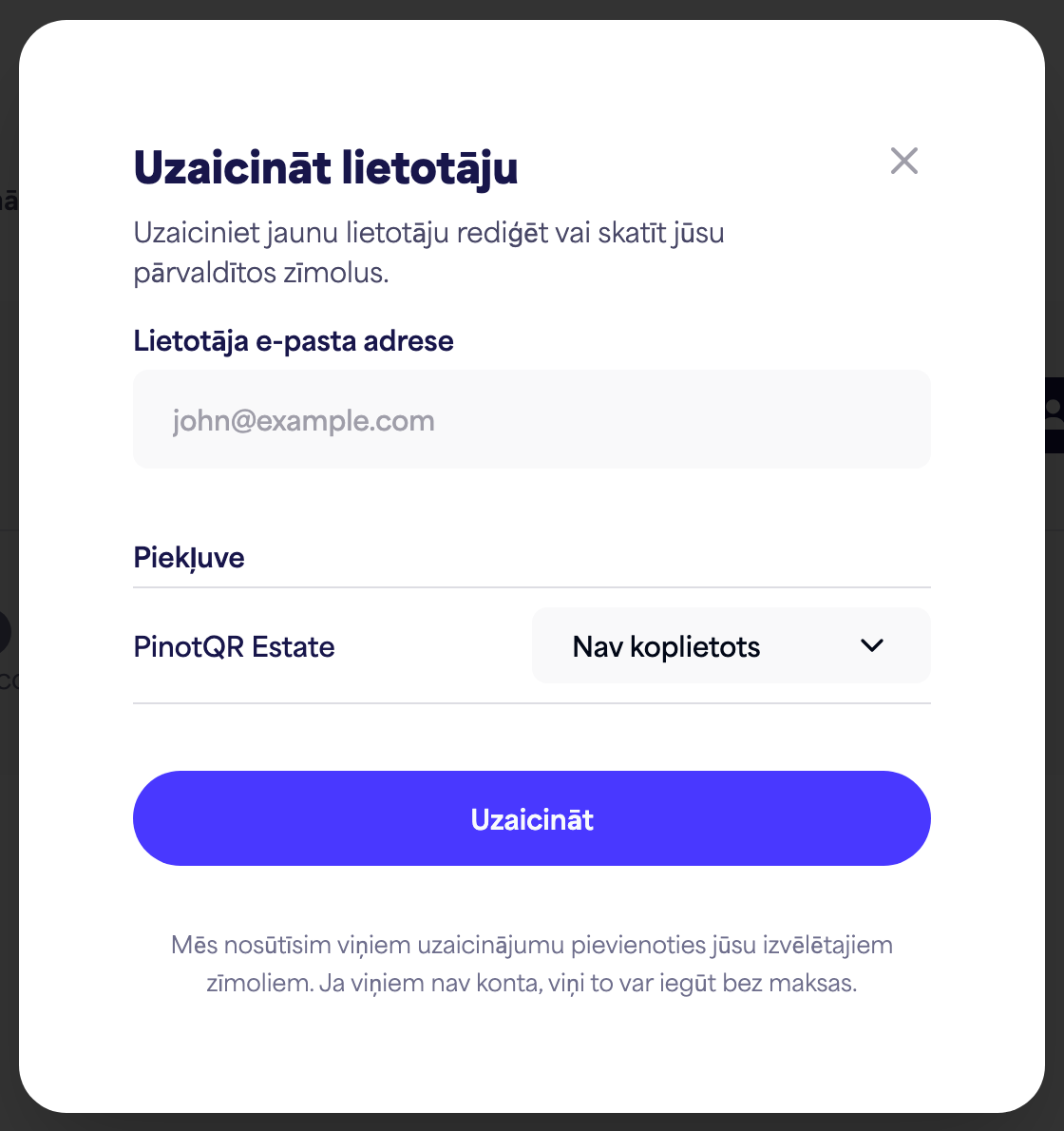“Uzaicināt lietotāju” dialoglodziņš ar e-pasta lauku un piekļuves opcijām katram zīmolam