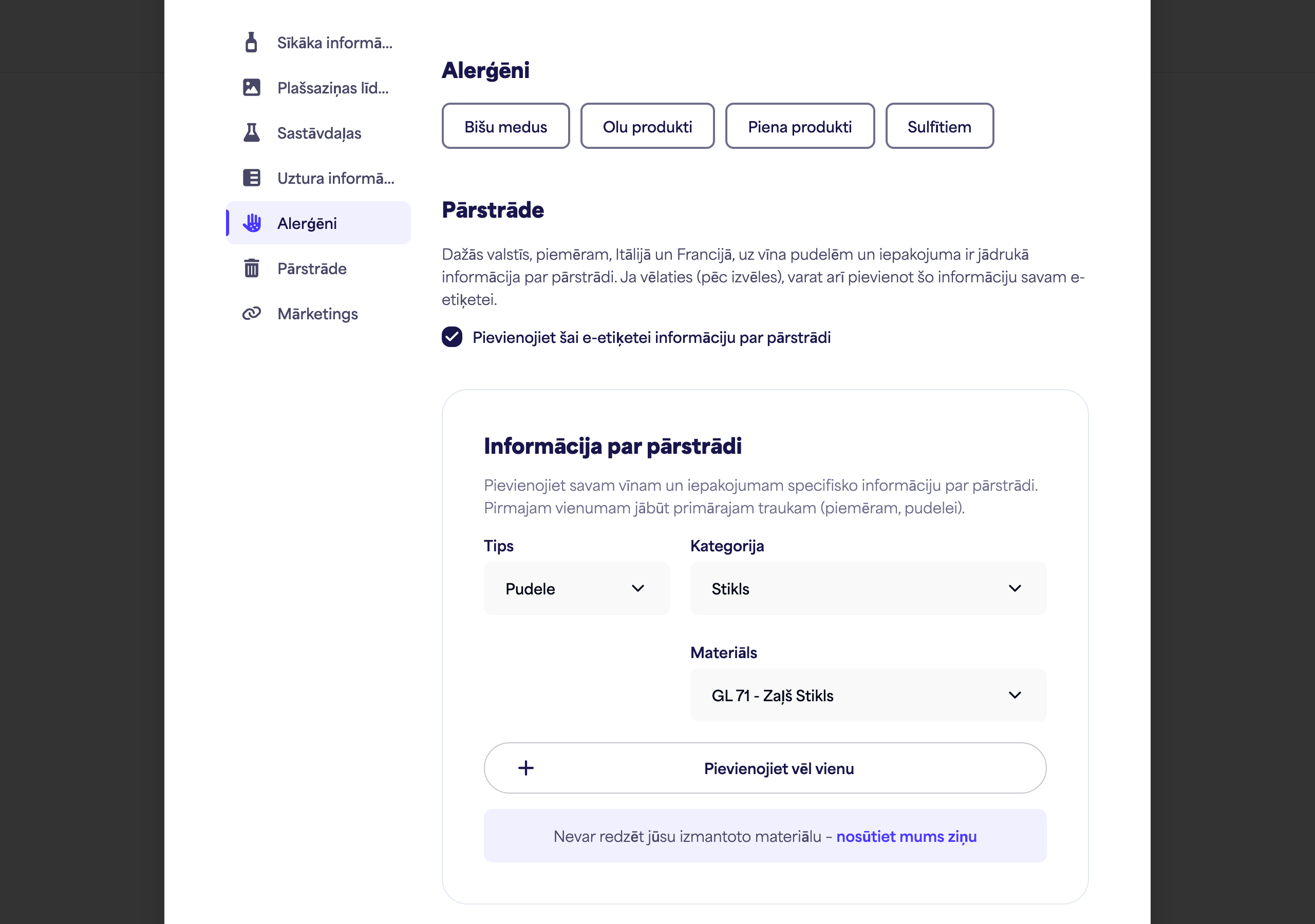 Alergēnu sadaļa ar alergēnu opcijām
