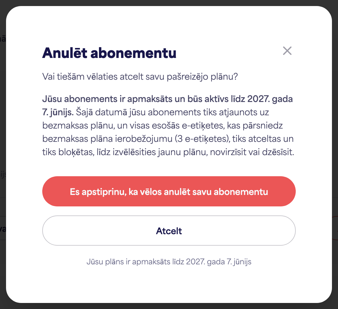 Konta sadaļa Abonements, kurā redzama opcija Atcelt abonementu