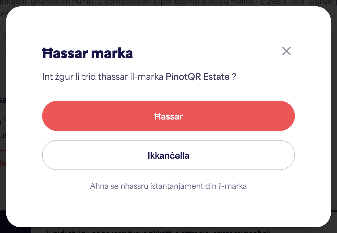 Id-djalogu ta' konferma "Ħassar marka" li jwissi dwar e-labels eżistenti