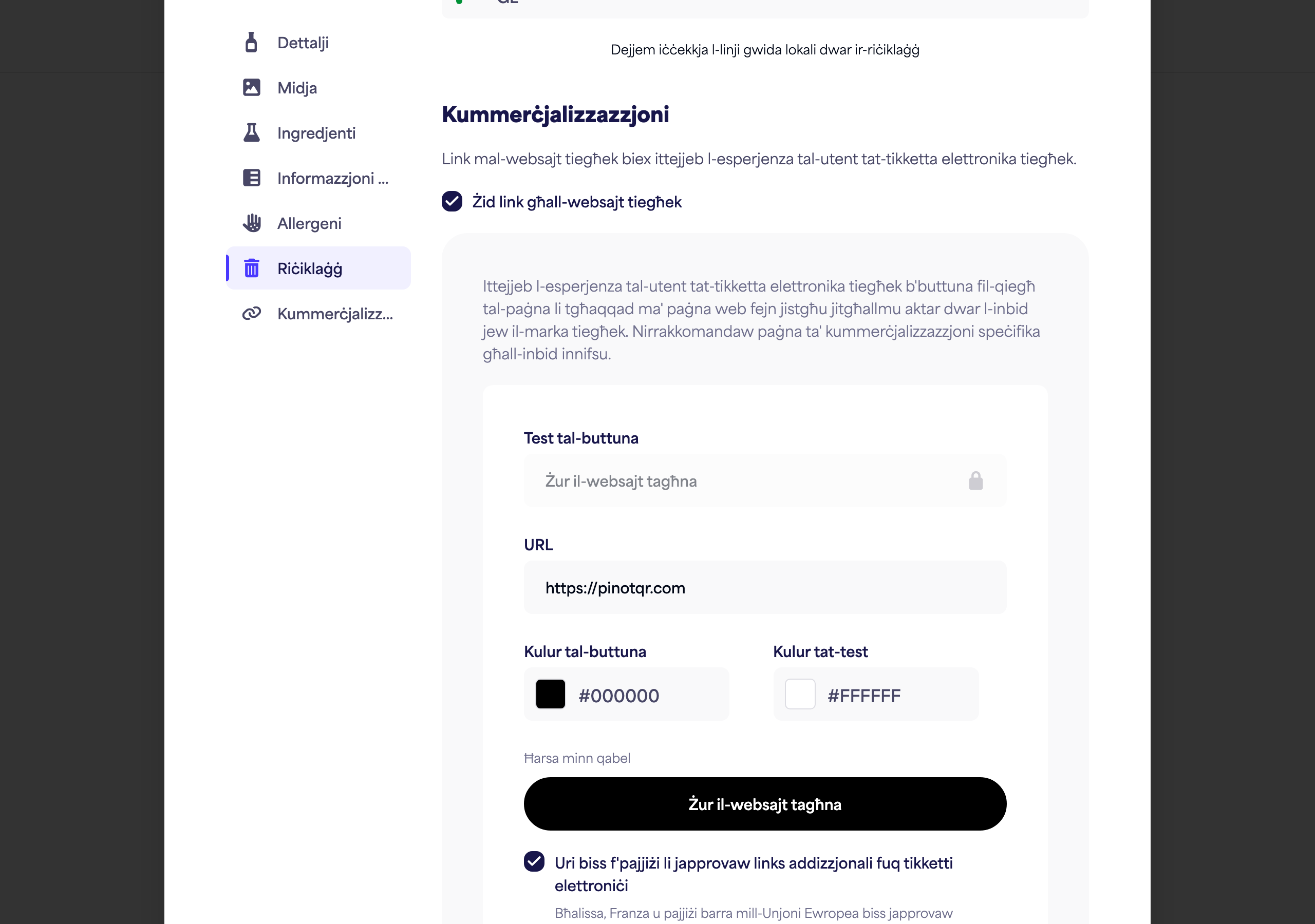 Is-sezzjoni Marketing bit-toggle, it-test tal-buttuna, l-URL, u l-għażliet tal-kulur flimkien mal-preview dirett tal-buttuna
