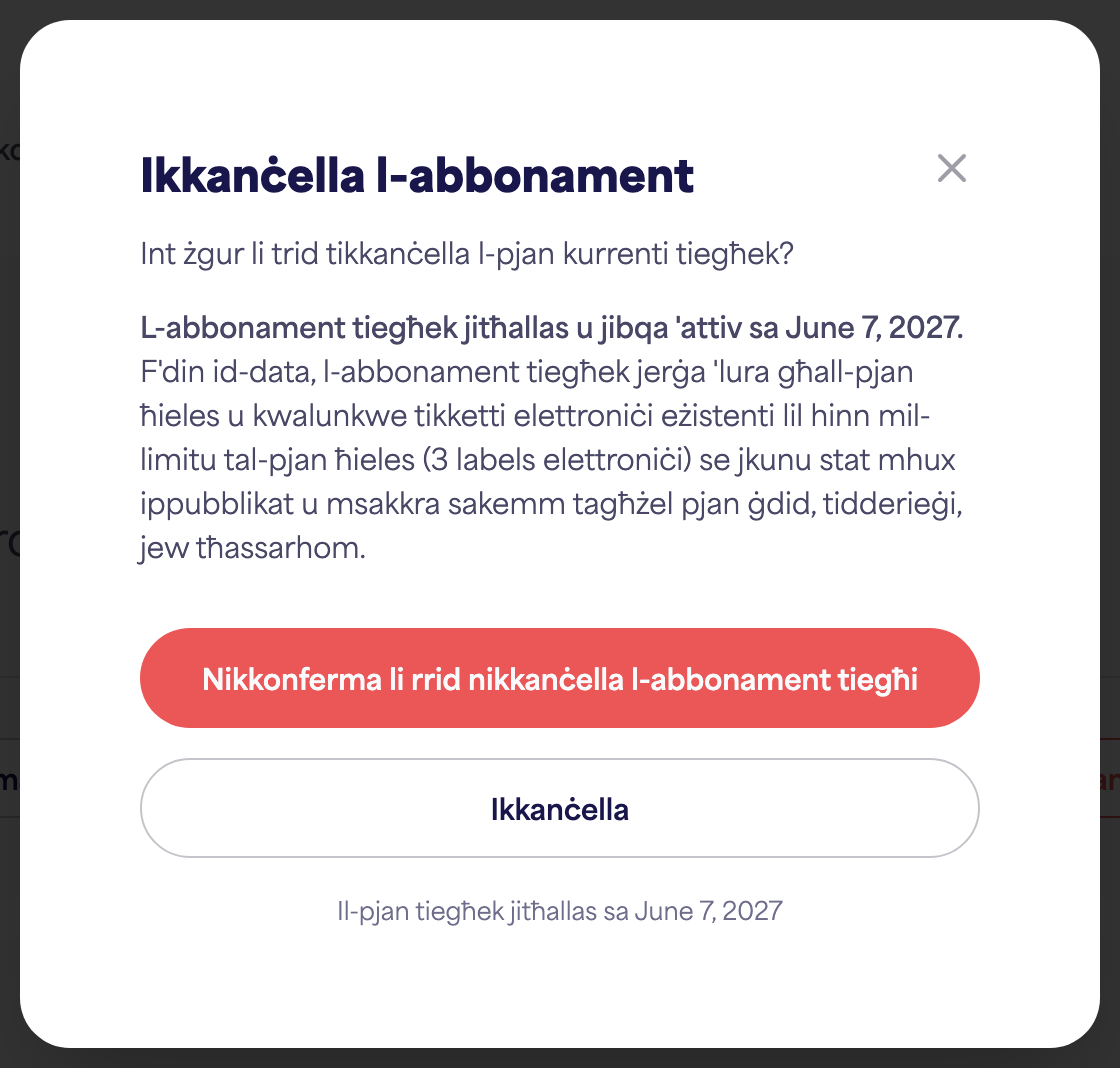 Iż-żona tal-Abbonament tal-kont turi l-għażla Ikkanċella l-abbonament