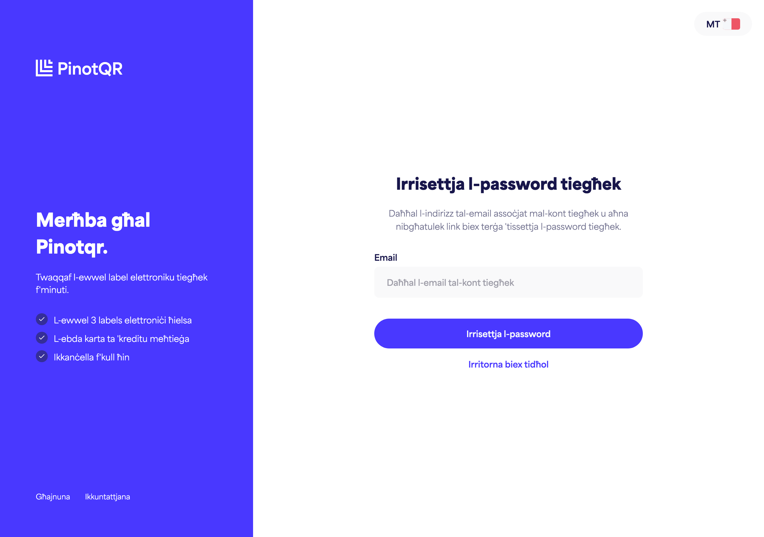 L-iskrin "Irrisettja l-password tiegħek" fejn iddaħħal l-email tiegħek