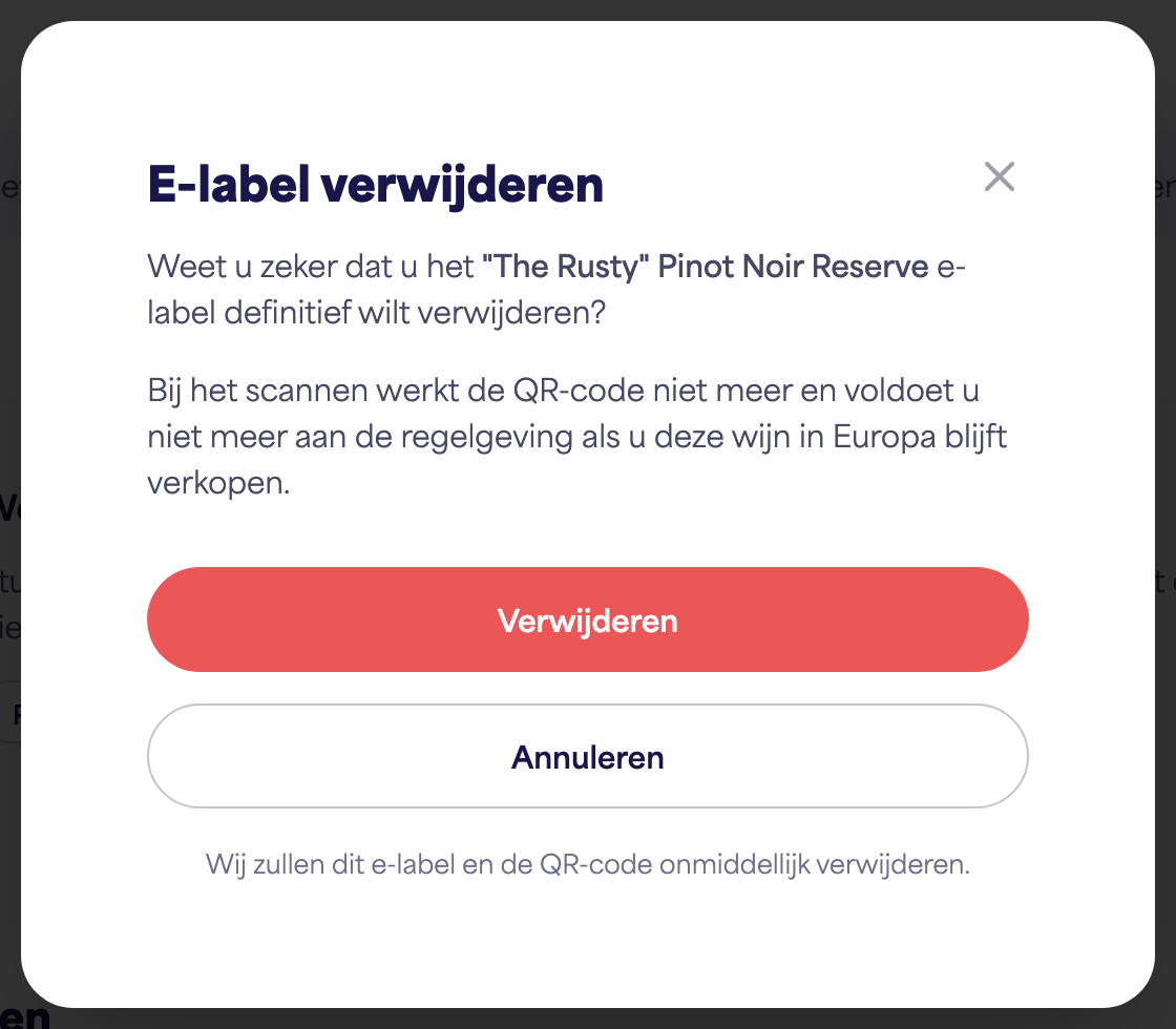 Het bevestigingsdialoogvenster "E-label verwijderen"