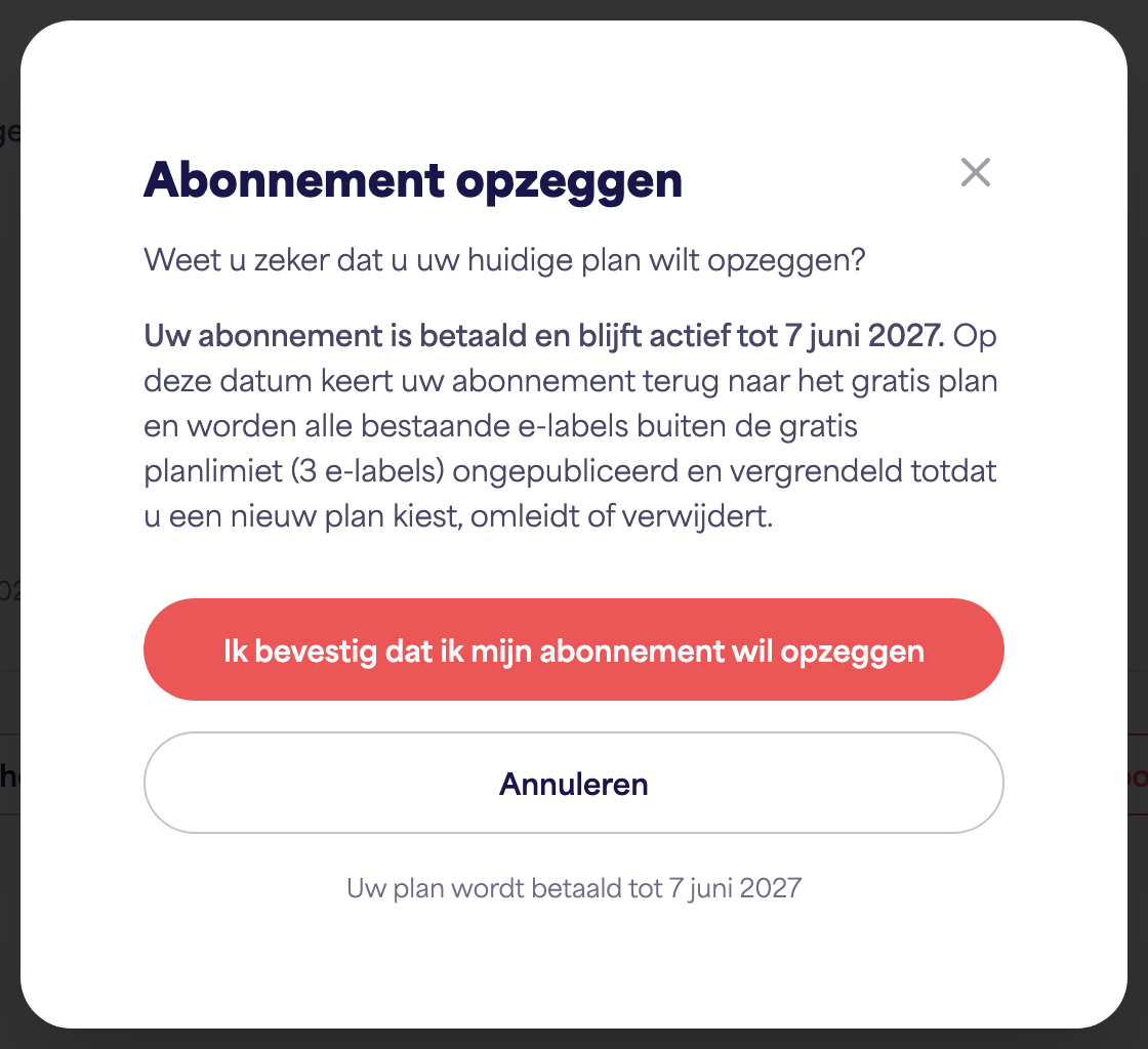 Het abonnementsgedeelte van het account met de optie Abonnement opzeggen