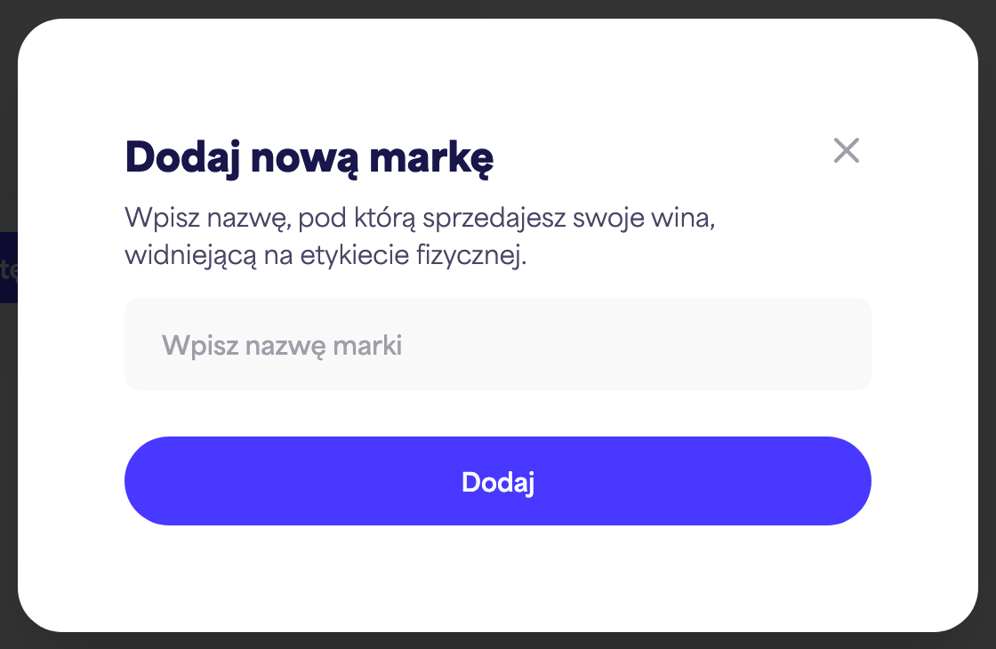 Okno dialogowe „Dodaj nową markę” z polem nazwy marki i przyciskiem „Dodaj”