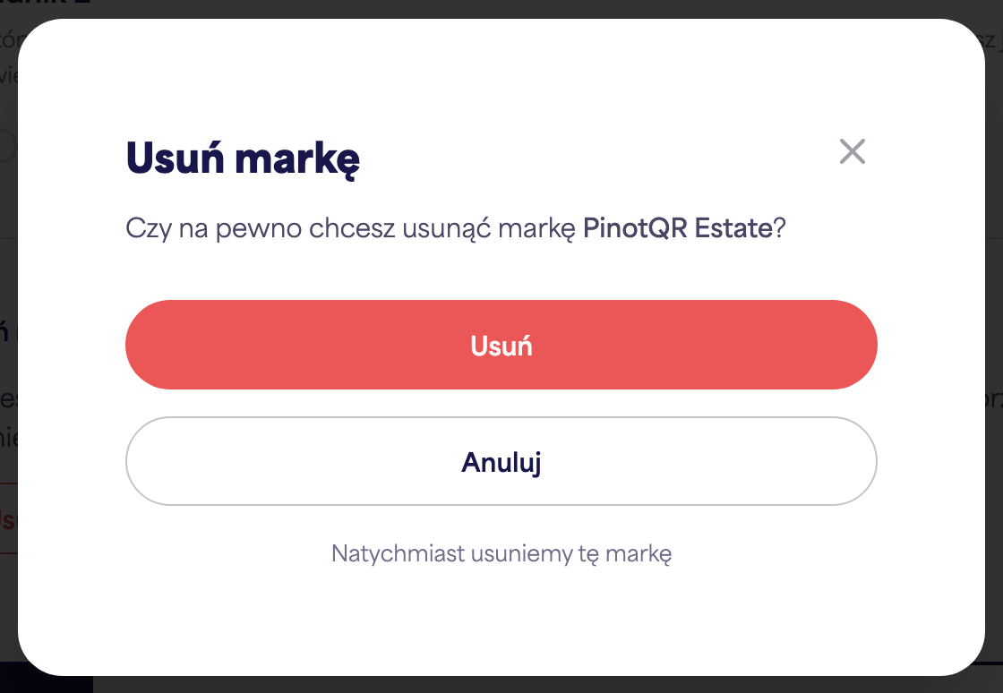 Okno dialogowe potwierdzenia "Usuń markę" ostrzegające o istniejących e-etykietach