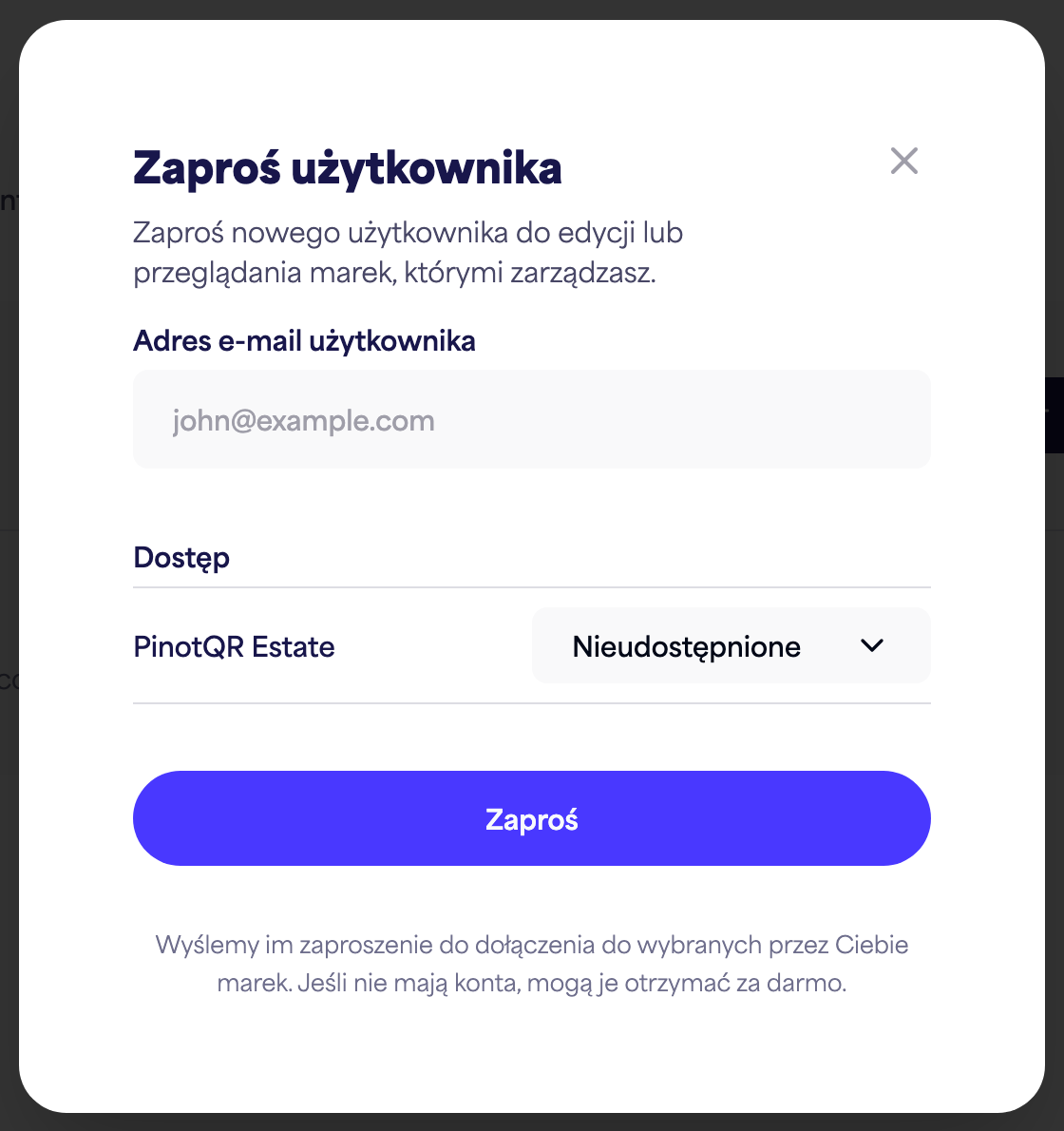 Okno dialogowe „Zaproś użytkownika” z polem e-mail i opcjami dostępu dla poszczególnych marek