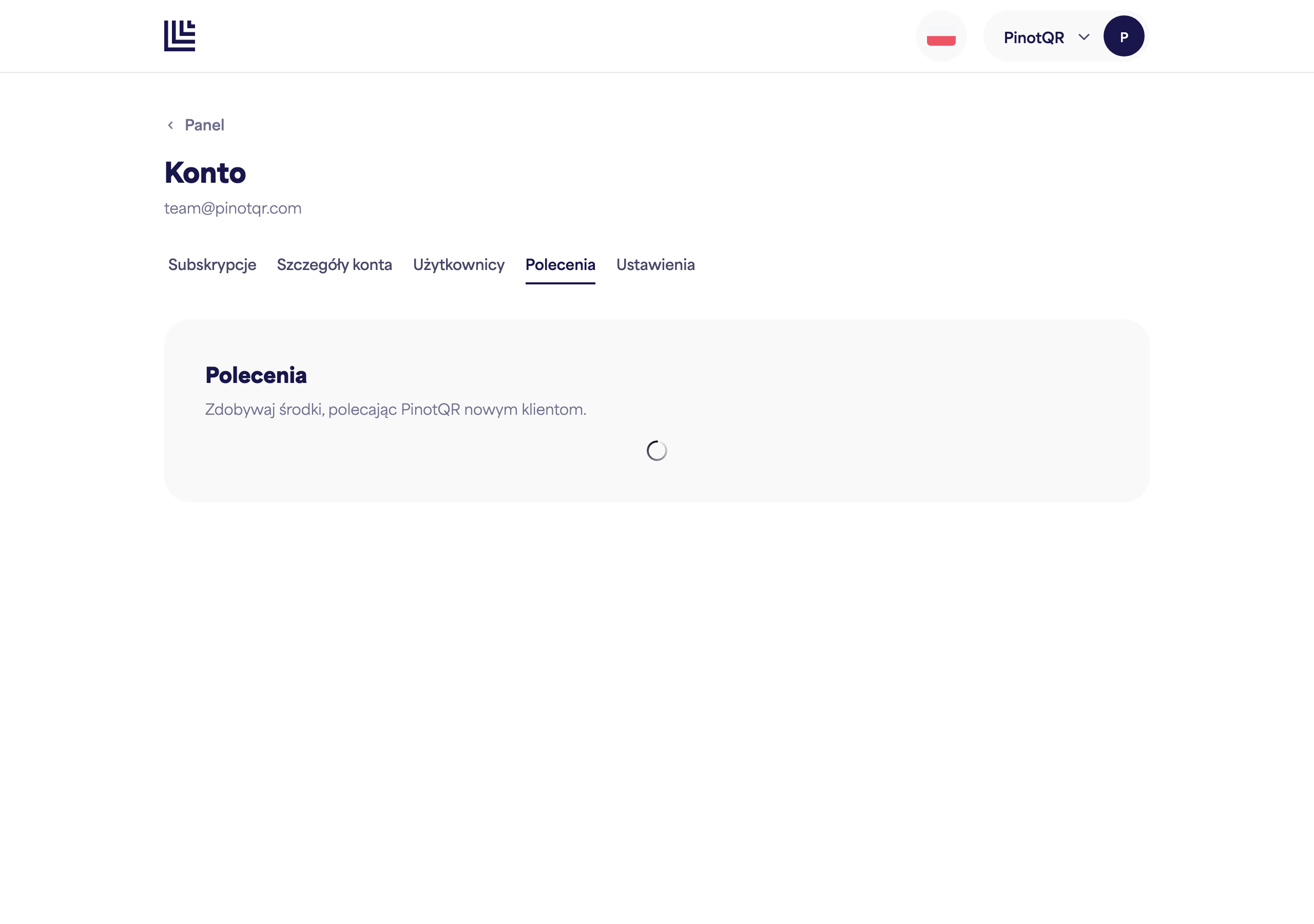 Strona Polecenia pokazująca kod polecający i statystyki środków