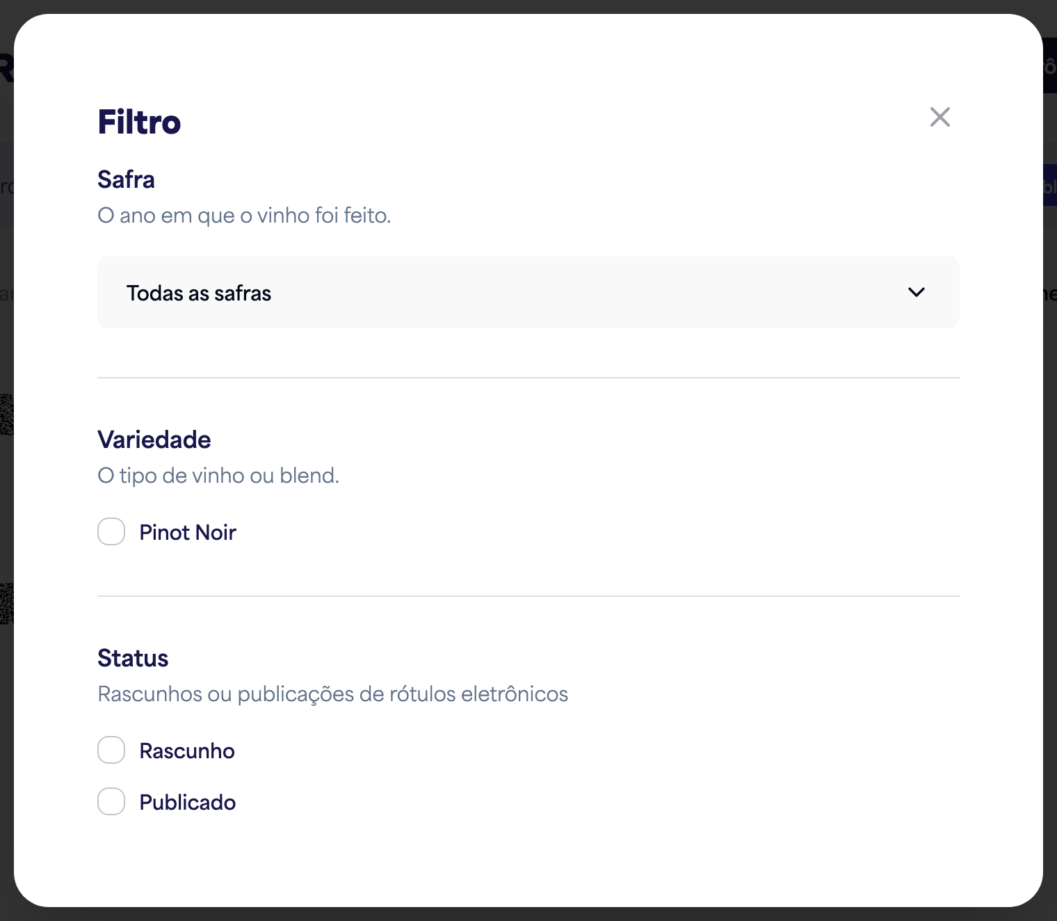 O painel de Filtro com opções de safra, variedade e status