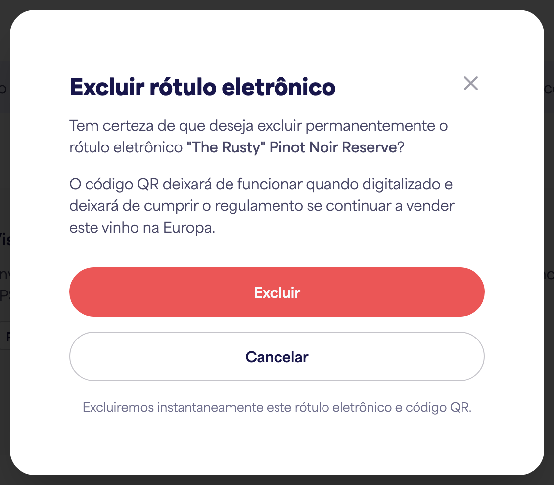 A caixa de diálogo de confirmação "Excluir e-rótulo"