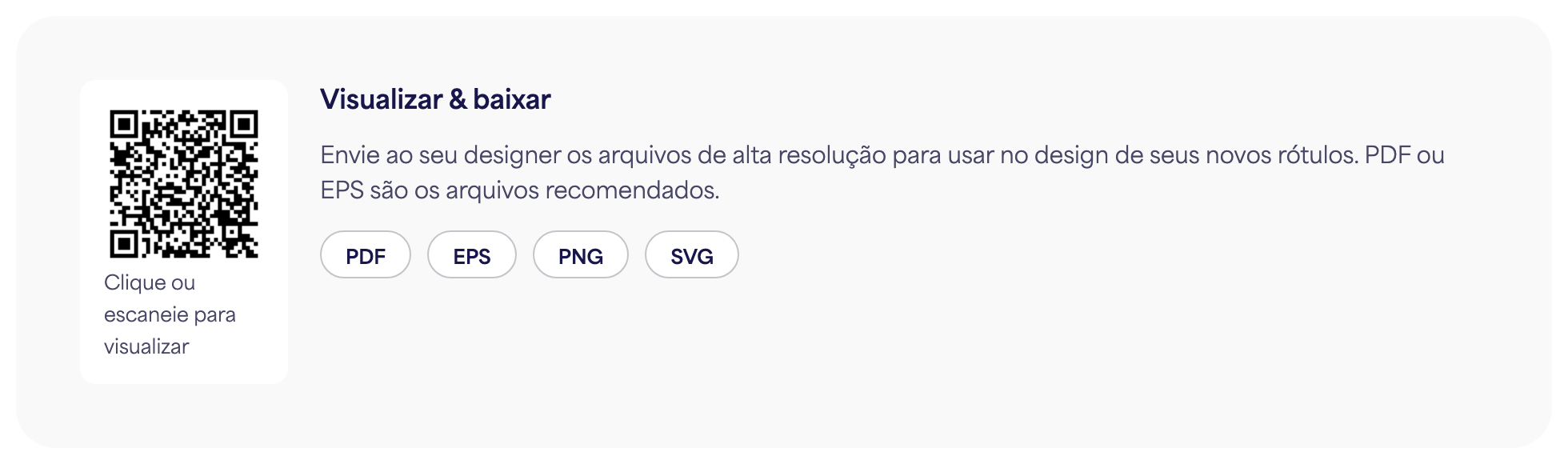 A secção do Código QR em uma página de rótulo eletrônico com os botões de download de PDF, EPS, PNG e SVG