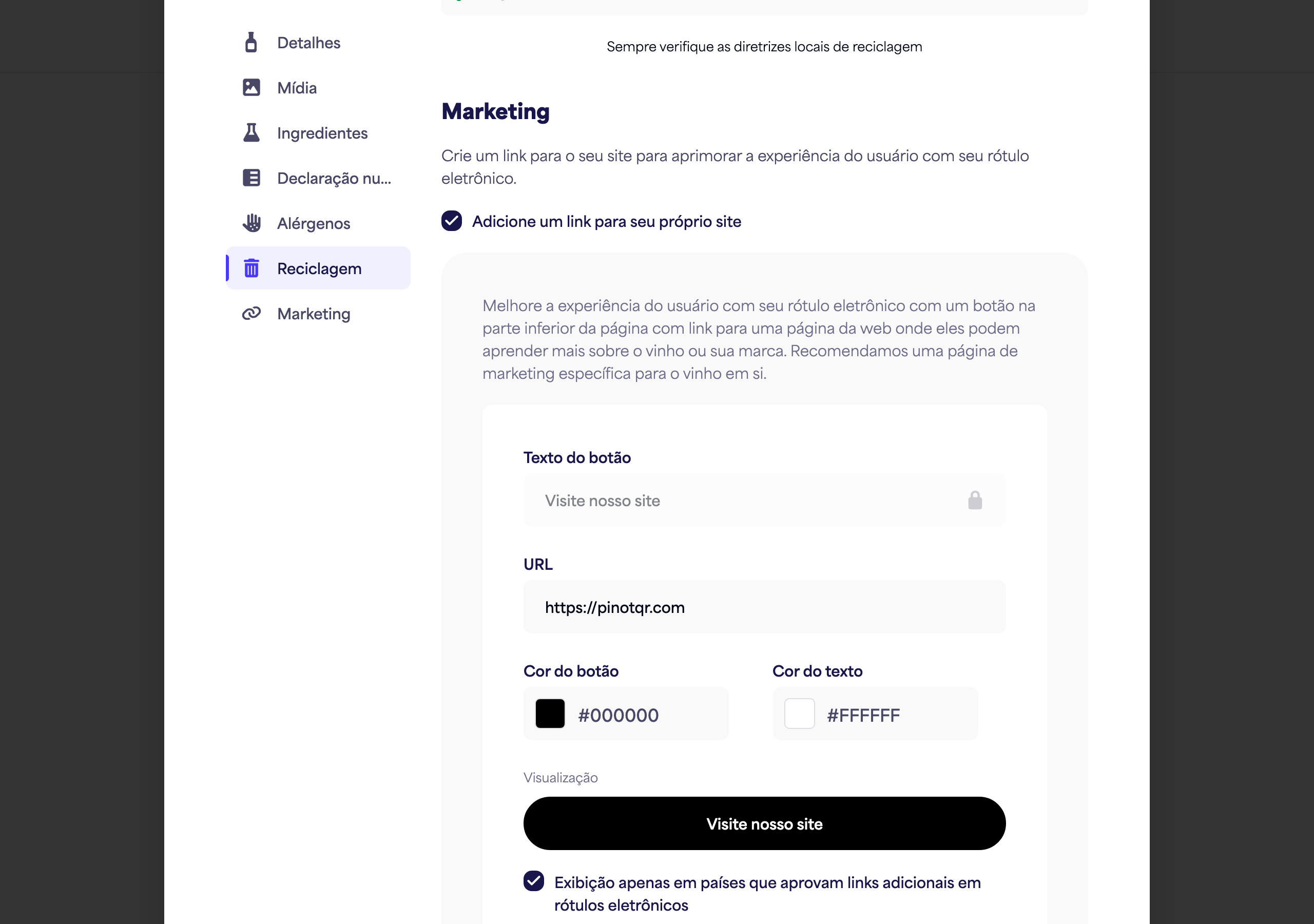 A seção Marketing com o botão de alternância, texto do botão, URL e seletores de cor, além da pré-visualização ao vivo do botão