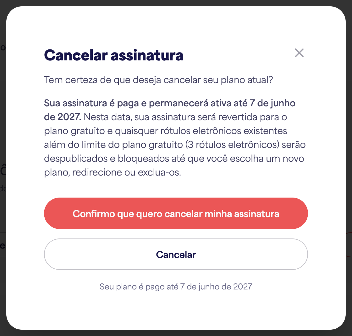 A área de Subscrição da conta mostrando a opção Cancelar subscrição