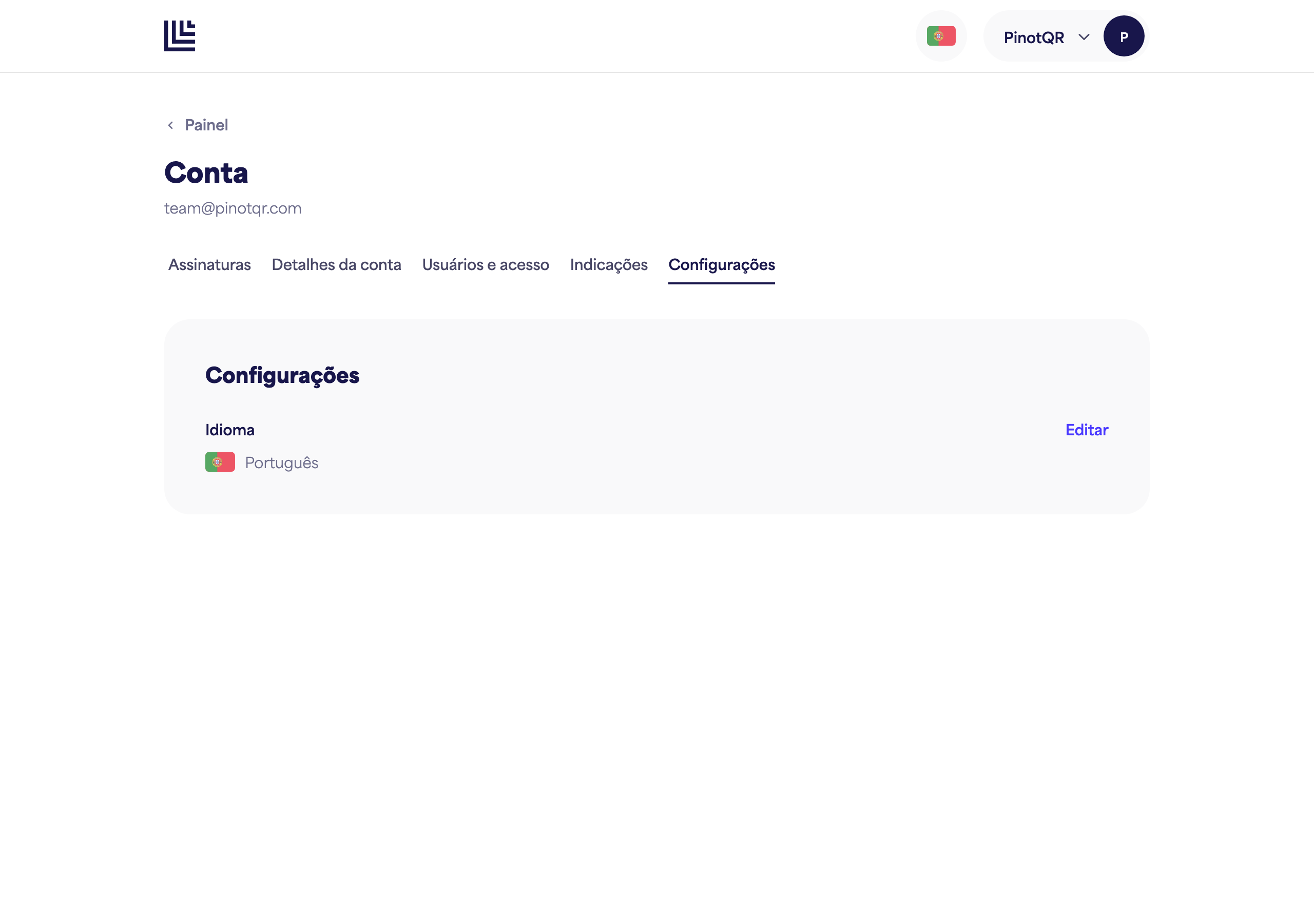 A página de Configurações com a opção Idioma