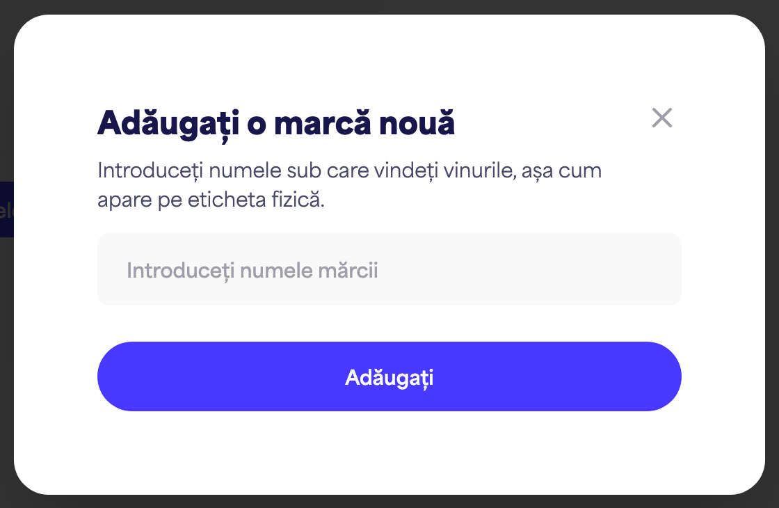 Caseta de dialog "Adaugă brand nou" cu câmpul pentru numele brandului și butonul "Adaugă"