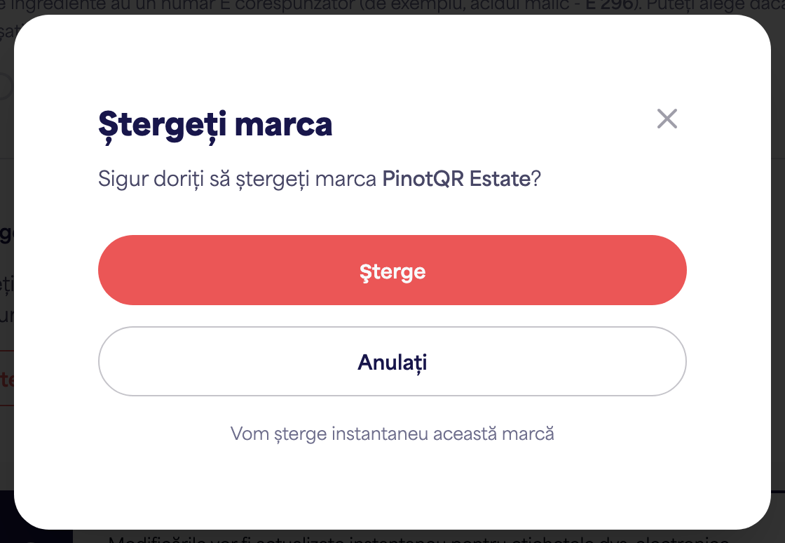 Dialogul de confirmare „Ștergere brand” care avertizează despre e-etichetele existente