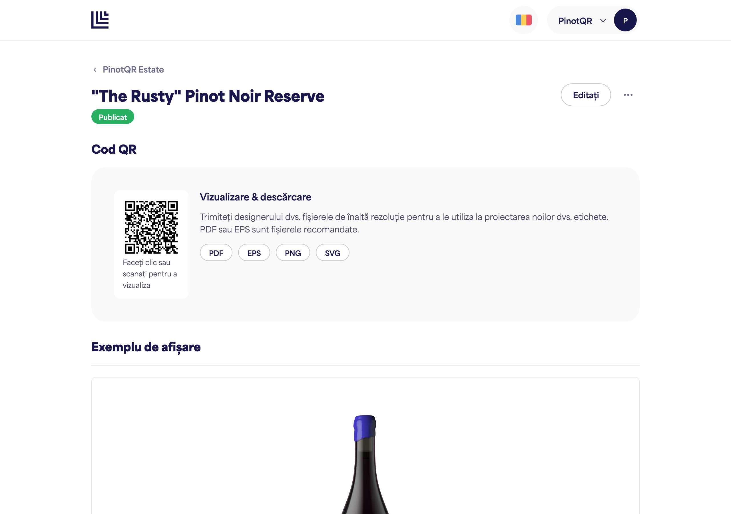 O pagină de etichetă electronică cu opțiunea "Anulează publicarea"