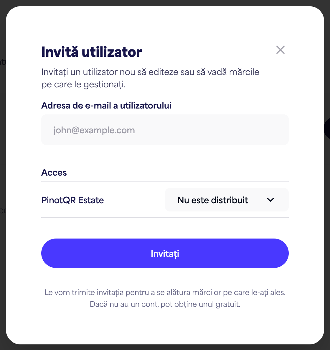 Fereastra de dialog „Invită utilizator” cu câmpul pentru e-mail și opțiunile de acces per brand