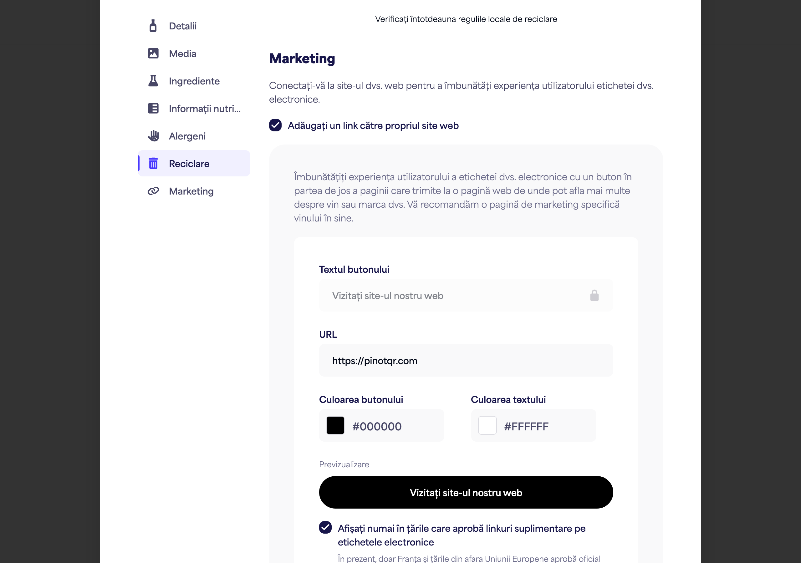 Secțiunea Marketing cu comutatorul, textul butonului, URL-ul și selectorii de culoare, plus previzualizarea live a butonului