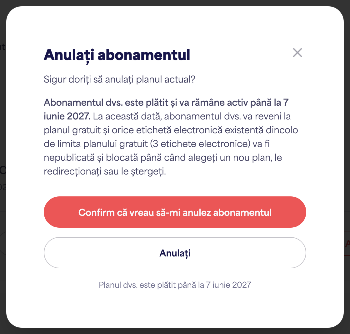 Zona de Abonament a contului arătând opțiunea Anulează abonamentul