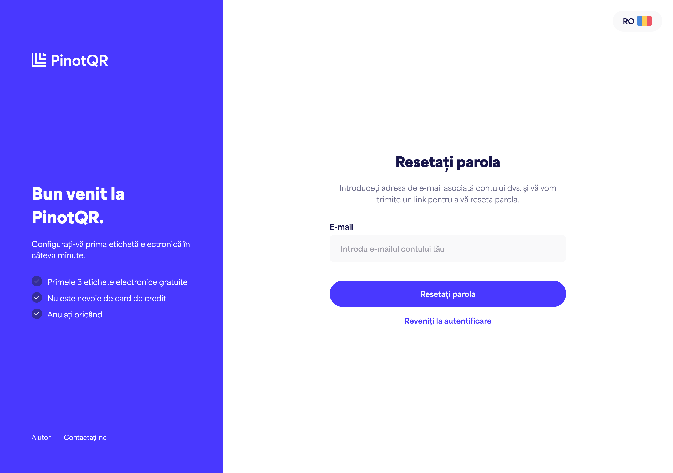Ecranul „Resetați-vă parola” unde introduceți adresa de email