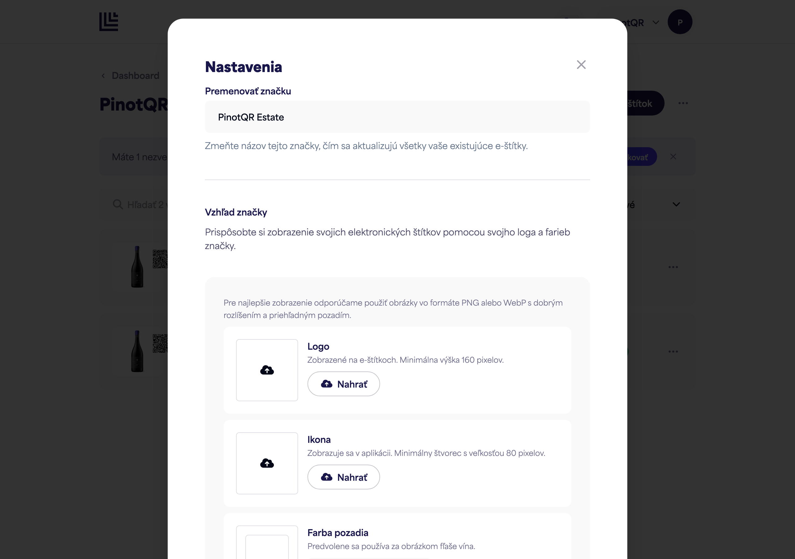 Panel nastavení značky zobrazujúci pole "Premenovať značku"