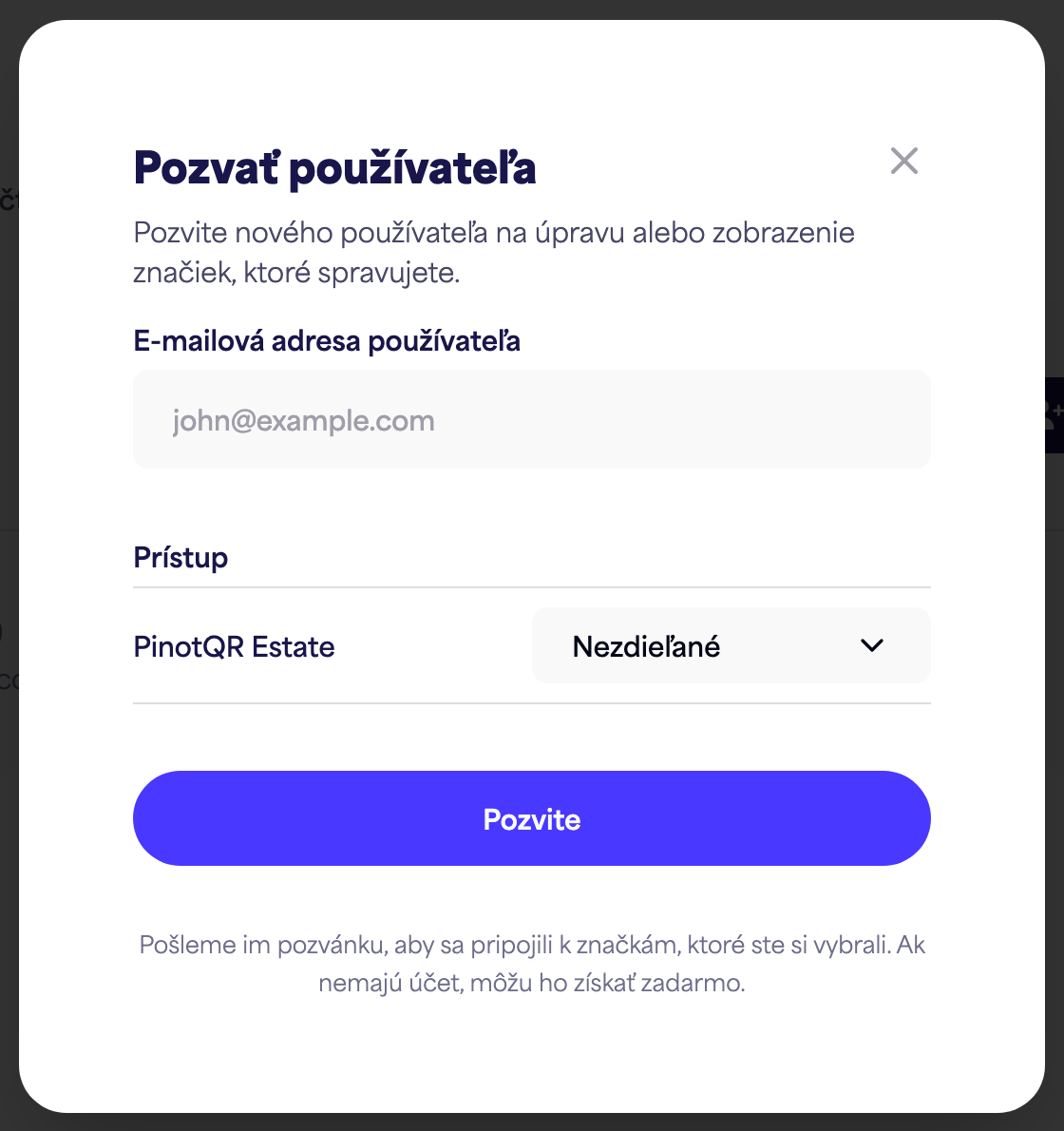 Dialógové okno „Pozvať používateľa“ s poľom pre e-mail a možnosťami prístupu pre jednotlivé značky