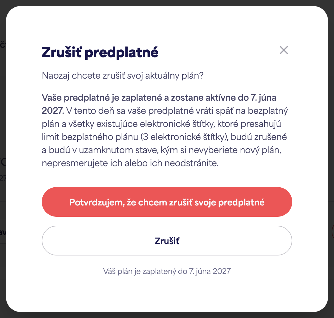 Oblasť Predplatné účtu zobrazujúca možnosť Zrušiť predplatné