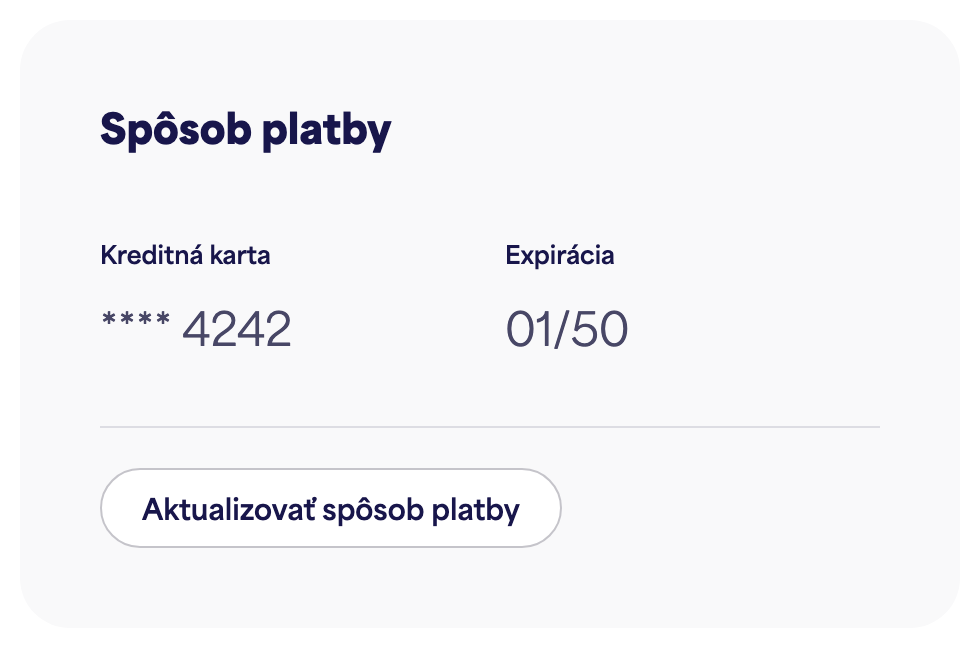 Karta Spôsob platby zobrazujúca uloženú kartu a "Aktualizovať spôsob platby"