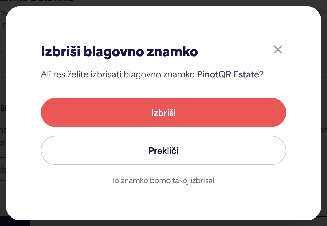 Pogovorno okno za potrditev "Izbriši blagovno znamko" z opozorilom o obstoječih e-oznakah