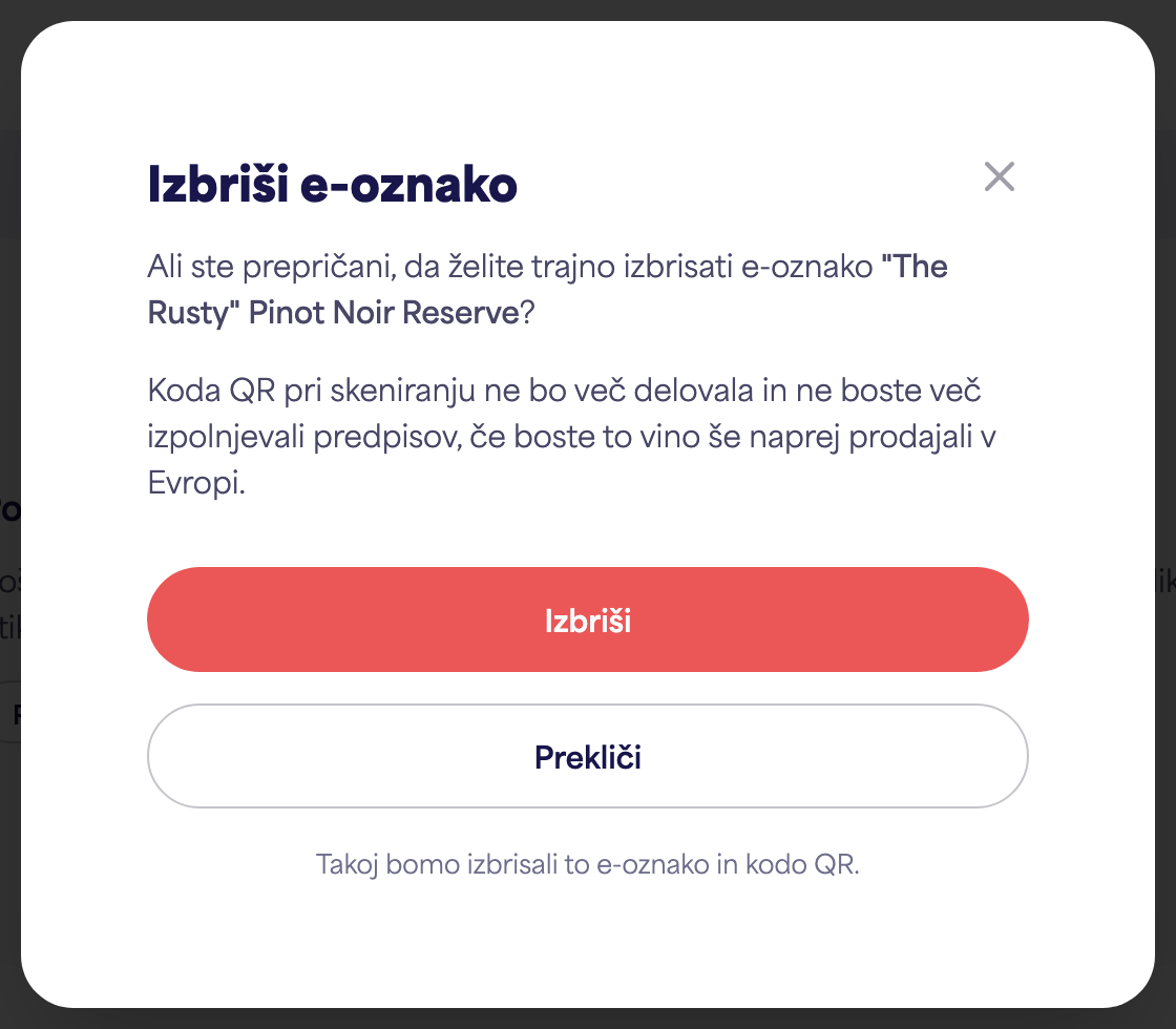 Potrditveno pogovorno okno "Izbriši e-oznako"