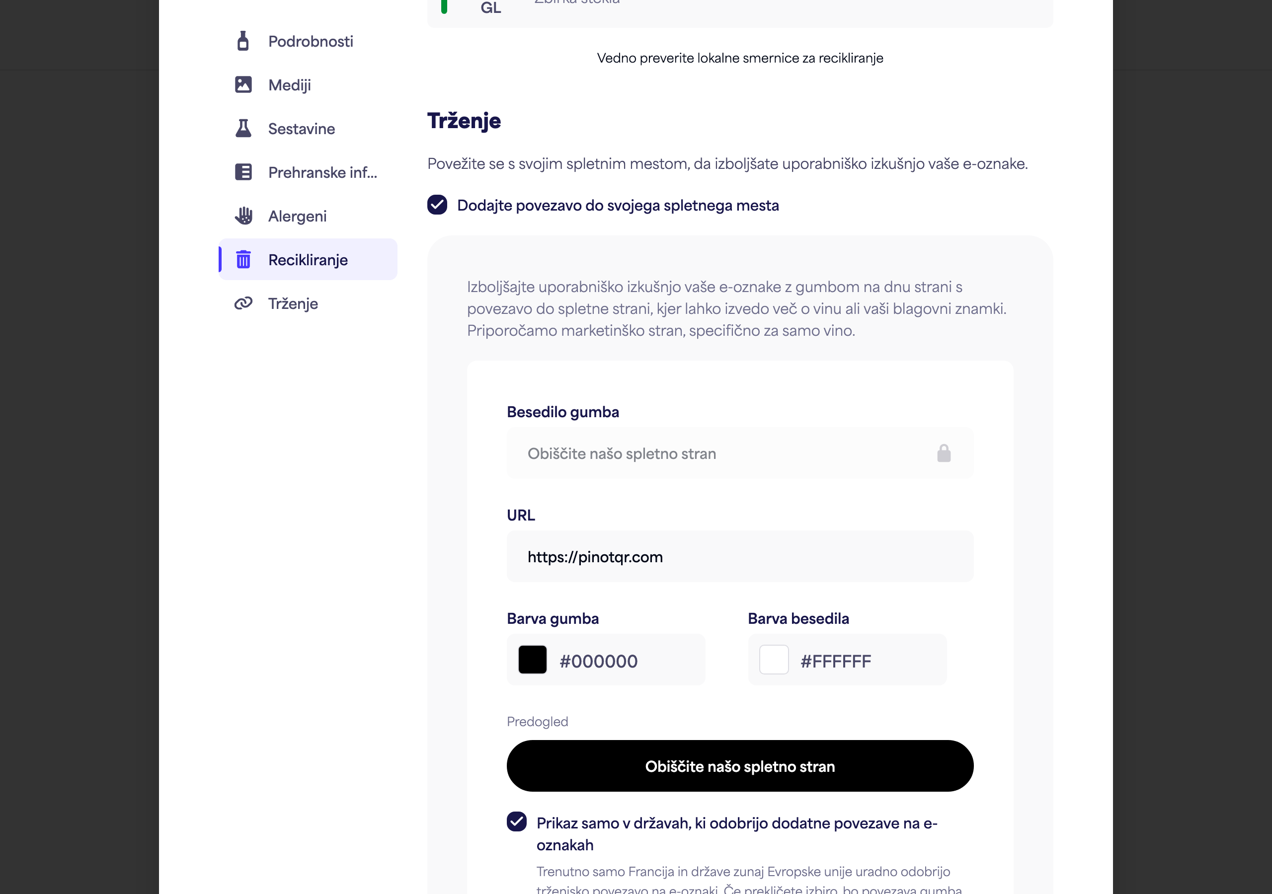 Razdelek Marketing z preklopnim stikalom, besedilom gumba, URL-jem in izbirniki barv ter predogledom gumba v živo