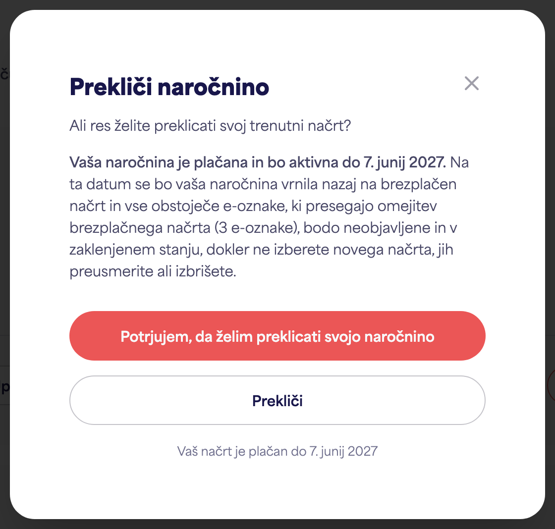 Območje naročnine v računu, ki prikazuje možnost Preklic naročnine