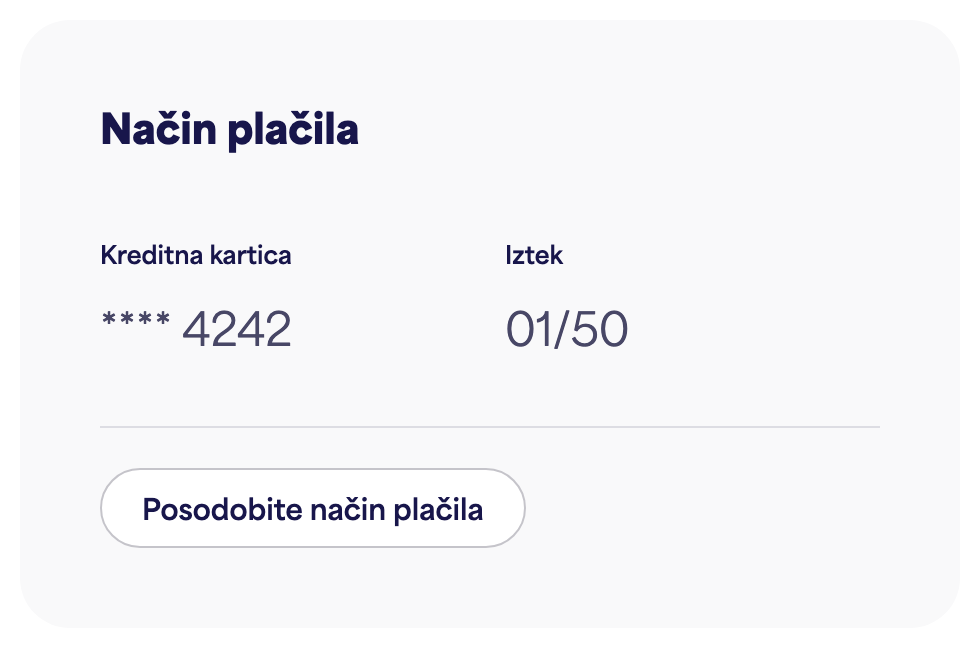 Kartica Način plačila prikazuje shranjeno kartico in "Posodobi način plačila"