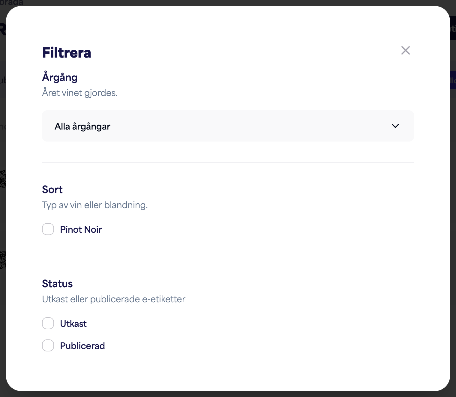 Filterpanelen med alternativ för årgång, sort och status