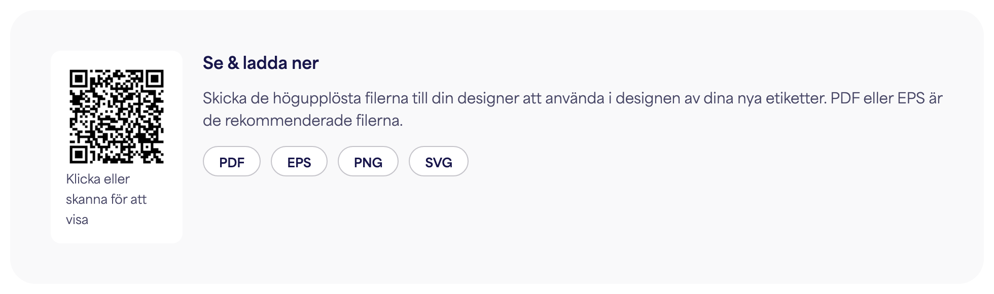 Avsnittet QR-kod på en e-etikettsida med nedladdningsknapparna för PDF, EPS, PNG och SVG