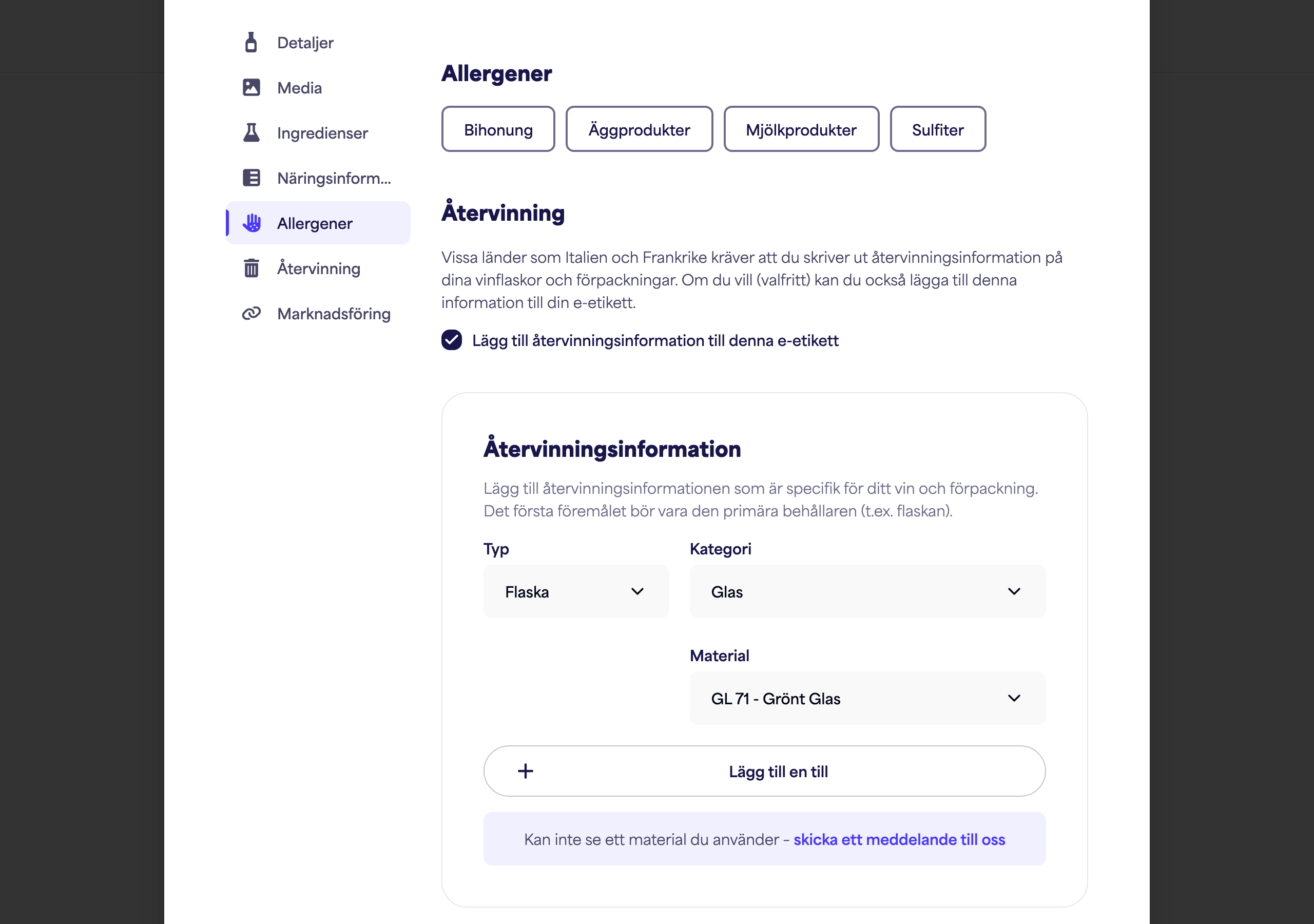 Avsnittet Allergener med allergenalternativ
