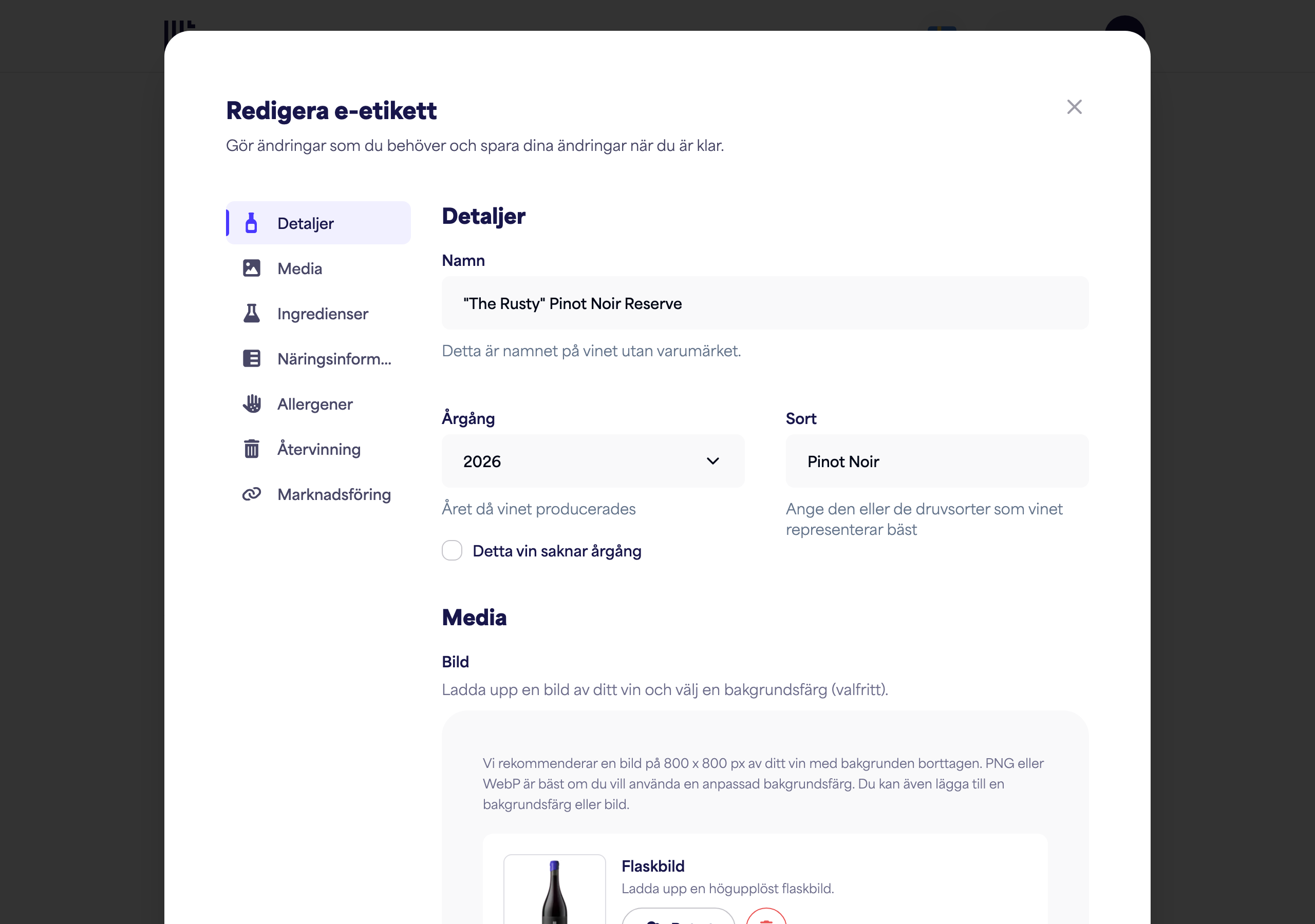 Detaljsektionen med fälten Namn, Årgång och Sort