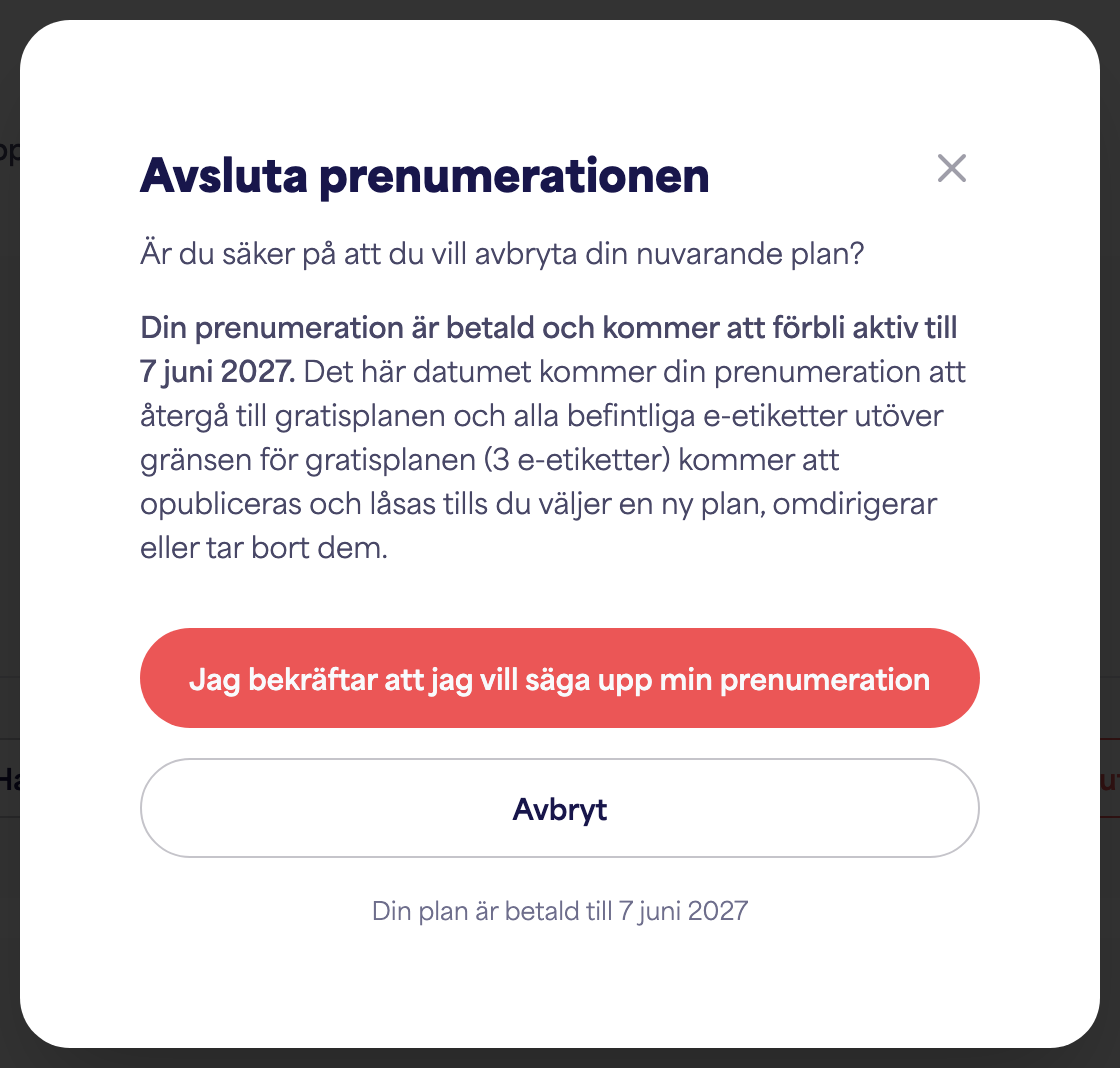Kontots Prenumeration-område med alternativet Avsluta prenumeration