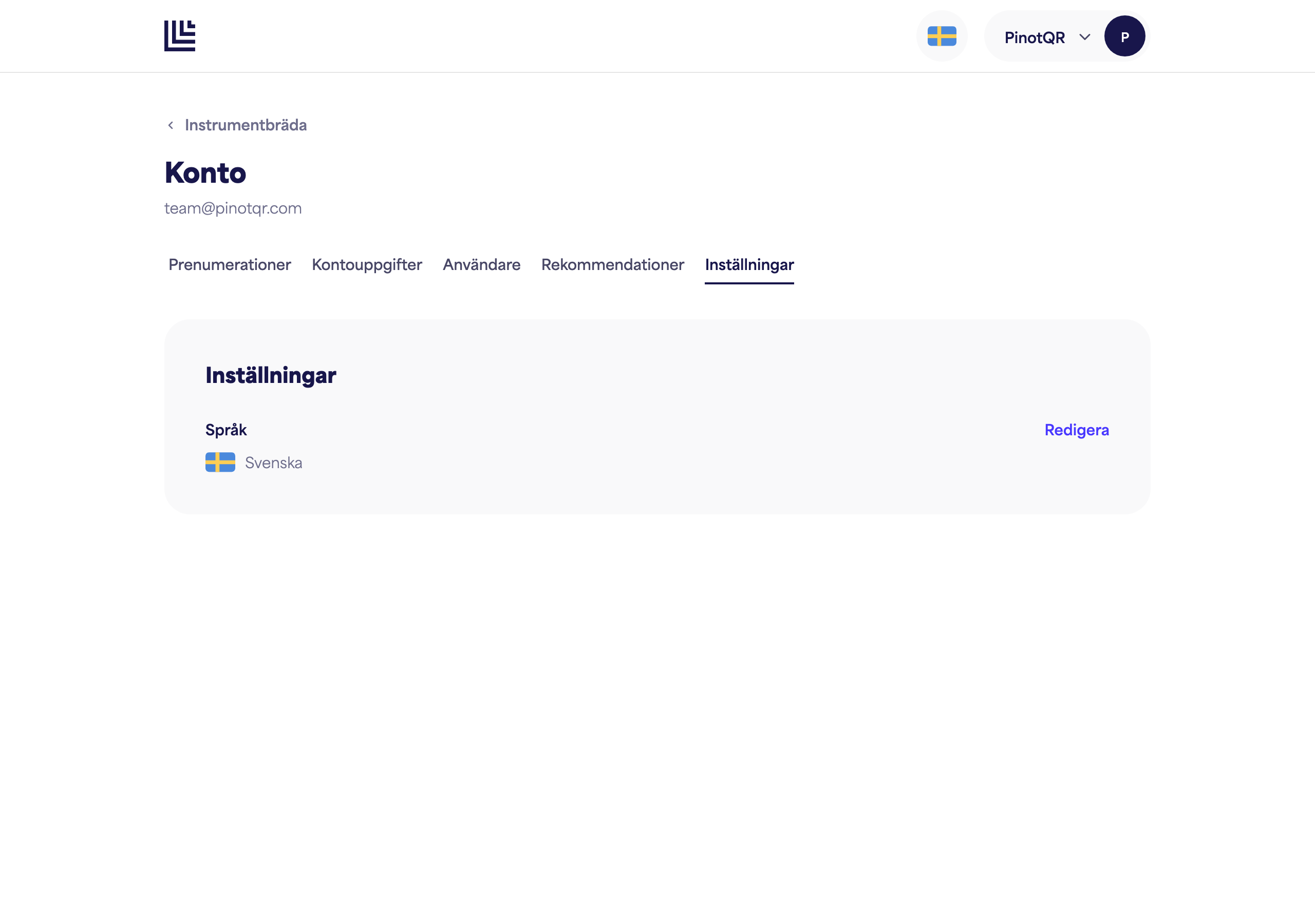 Inställningssidan med språkalternativet